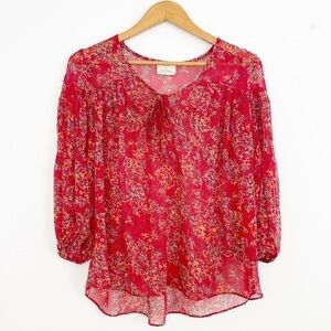 Anthropologie Pins & Needles Boho Red Floral Semi Sheer Long Sleeve Casual Top S